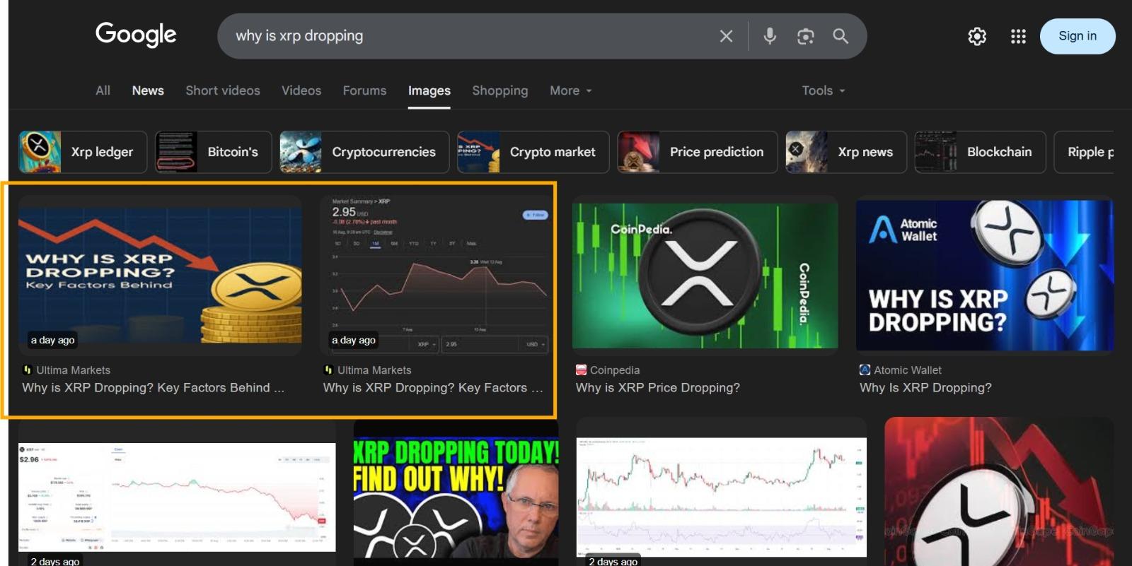 Screenshot: Top two Google Images results for "why is xrp dropping".