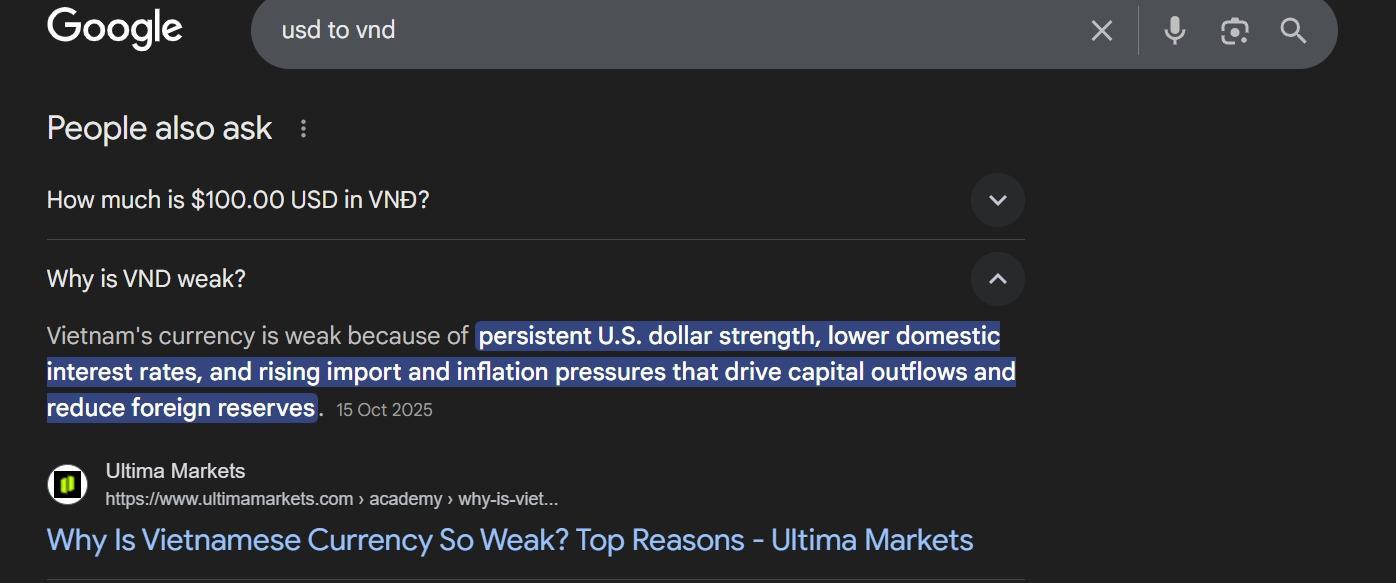 Screenshot: Client answer pulled into People Also Ask for "usd to vnd".