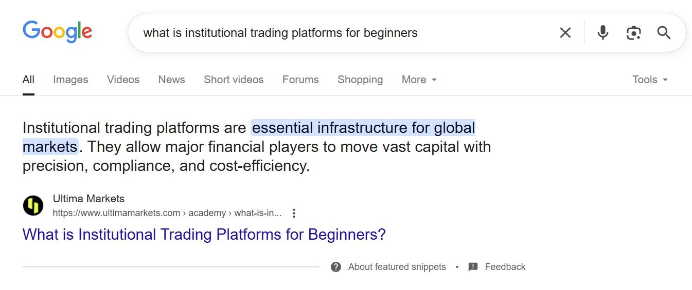 Screenshot: Featured snippet, position zero, for "institutional trading platforms".