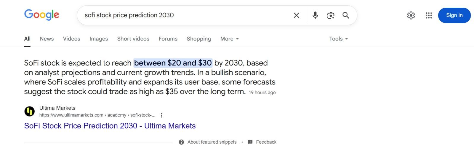 Screenshot: Featured snippet for "sofi stock prediction 2030".
