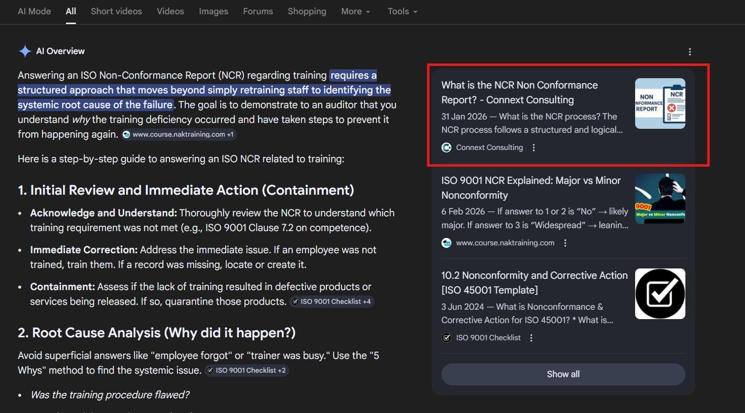 Google Search Console result for Connext Consulting: #1 AI Overview citation